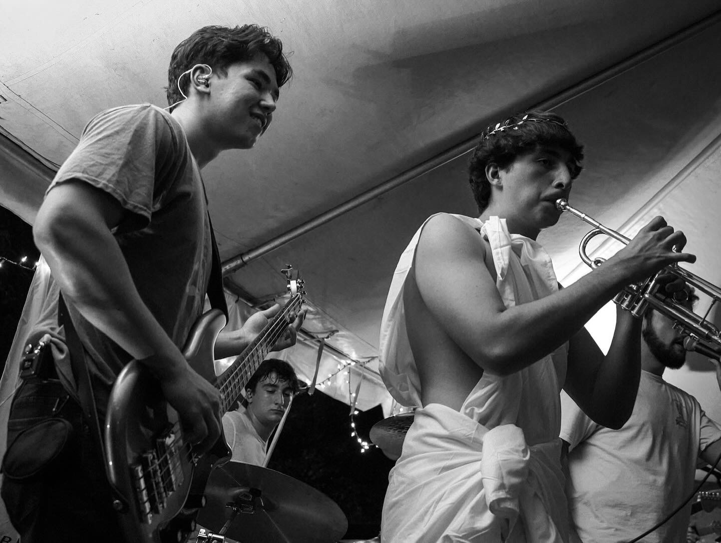 Rubber Band toga gig with trumpet, B&W
